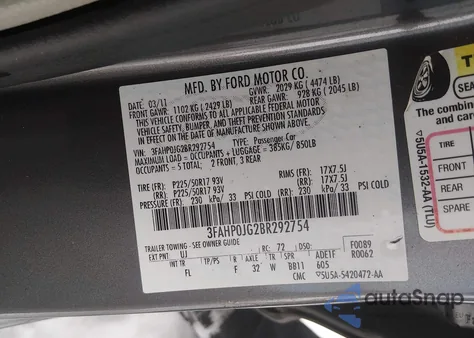 2011 Ford Fusion Sel из США, поврежденный, VIN 3FAHP0JG2BR292754